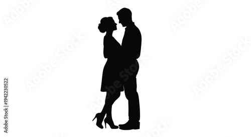 Romantic vector illustration of a loving couple embracing tenderly, their silhouettes forming a heartfelt connection against a pure white background, symbolizing affection and togetherness.
