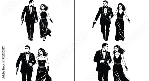 A stylish secret agent couple in formal attire, walking with confidence and a pistol, ready for an important mission or an elegant clandestine operation vector illustration.