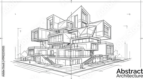 Avant-garde architectural sketch of a deconstructivist modular complex featuring dramatic cantilevered volumes, external staircases, and technical perspective guidelines.