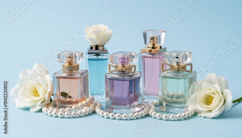 Fragrance Elegance: A curated selection of exquisite perfume bottles and delicate floral blooms on a pastel background. Capturing the essence of luxury and sophistication.