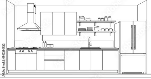 Clean technical elevation of a modern kitchen featuring a side-by-side refrigerator, flat-panel cabinetry, open shelving, and a chimney range hood.
