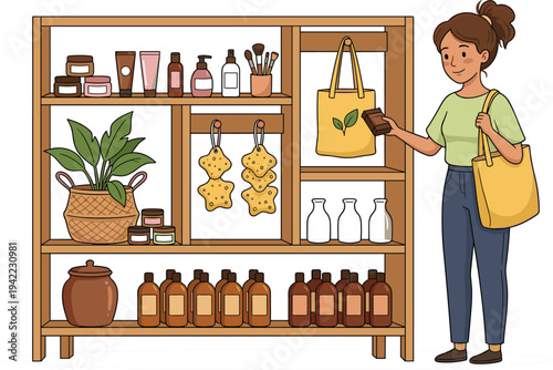 Colorful vector illustration of a young woman shopping for organic skincare and sustainable beauty products at a minimalist boutique.