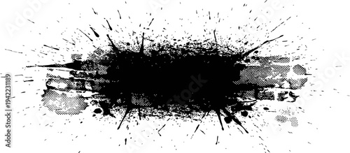 Abstract Black Paint Splatter Banner with Halftone Brick Wall Grunge Effect