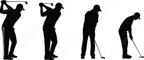 Golfer silhouette collection performing swing and putting, professional golf sport action black vector illustration isolated on white background