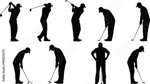 Golfer swing and putting silhouettes vector set, professional golf player poses isolated sports activity illustration collection
