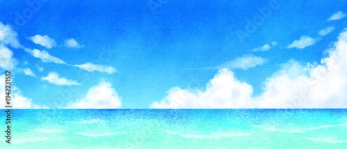 美しく爽やかな夏の海と空の風景　水彩イラスト