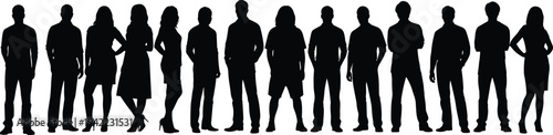Group of diverse business people silhouettes standing together, team lineup of men and women isolated on white background, leadership teamwork concept