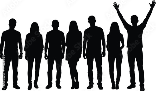 Group of people silhouettes standing together, men and women community crowd concept with raised hands vector illustration