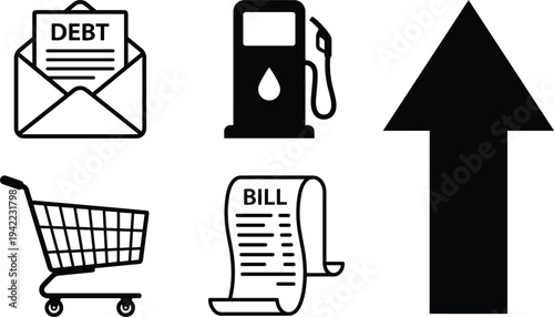 Economic icon set illustrating the rising cost of living, featuring debt notices, fuel costs, grocery shopping, bills, and inflation trends.