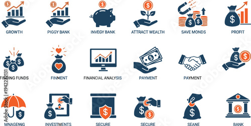 Financial growth and investment icon set featuring piggy bank money bags profit charts and secure banking symbols for business wealth management funding and economic analysis professional flat design