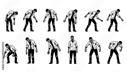 A conceptual black and white graphic design set illustrating a zombie's progression, perfect for game animation or horror-themed projects and digital content