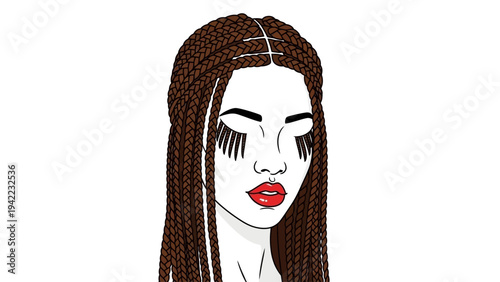 Illustration of a woman with long braided hair and bold makeup, featuring red lipstick and dramatic eyelashes