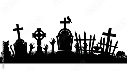 Spooky Halloween Silhouette of a Graveyard with Zombies and a Jack-o'-lantern Under the Moonlight