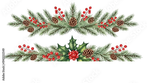 Festive Christmas Garland Borders with Pine Needles, Holly Berries and Pinecones for Holiday Decorations