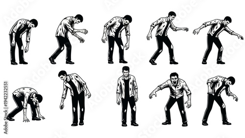 A compelling assortment of undead figures in various stages of menacing movement, ideal for depicting the relentless terror of an apocalyptic scenario or horror-themed concepts