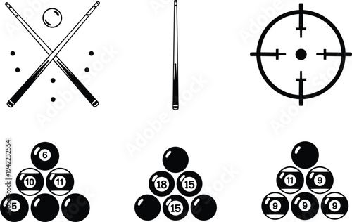 Billiards and pool game equipment vector icon set including crossed cues, cue stick, target aim symbol and numbered balls arranged in triangle rack