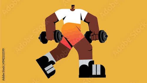 Dynamic flat illustration of an athletic man performing a walking lunge exercise with dumbbells, emphasizing strength training and a healthy lifestyle