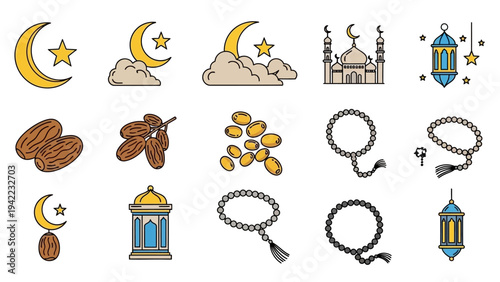 Ramadan icons including moon, mosque, lantern, dates, and prayer beads for festive Islamic celebrations