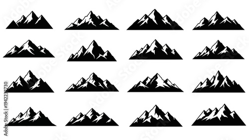 Collection of stylized black and white mountain range outlines, perfect for graphic design projects and adventure-themed visuals