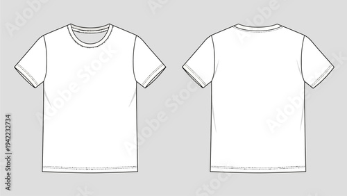 Vector outline of a blank white short sleeve t-shirt template with clear front and back views, perfect for apparel design mockups and custom clothing projects
