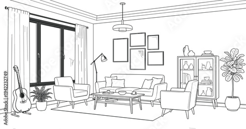 Modern eclectic living room perspective featuring a five-piece gallery wall, acoustic guitar, and mid-century display cabinet.