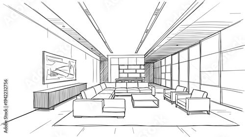 Modern executive lounge interior featuring a glass-grid curtain wall, minimalist furniture ensemble, and architectural recessed lighting.