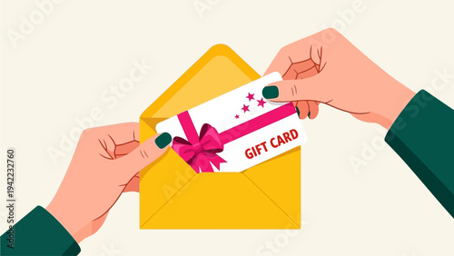 Hands holding a gift card being taken out of a yellow envelope, a festive ribbon adorns the card with stars