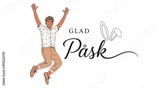 Joyful young man celebrates the spirit of spring and new beginnings, embodying happiness and festive cheer during the Easter season with outstretched arms in an energetic leap