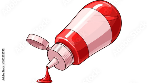 Vibrant red squeeze bottle illustration depicting a condiment slowly dripping from the nozzle, ideal for various food and culinary design projects