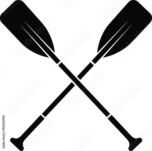 Crossed rowing paddles silhouette vector icon isolated on white background, nautical equipment symbol for boating, canoeing, kayaking, water sports adventure and outdoor recreation design