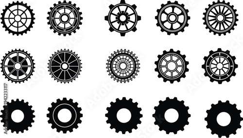 Gear wheel and cog silhouette vector collection featuring industrial mechanical gear icons isolated on white background for engineering, machinery design, technology and factory concept