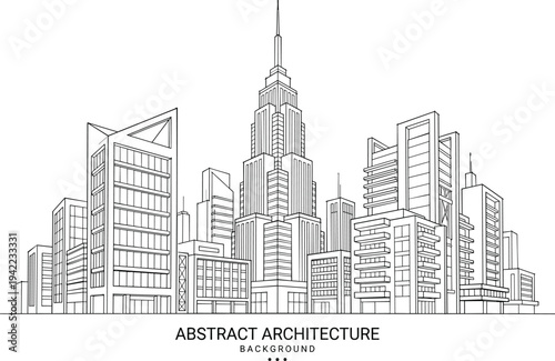 Modern metropolitan downtown architectural skyline background featuring a central skyscraper spire and diverse commercial building designs in a clean 3D perspective.