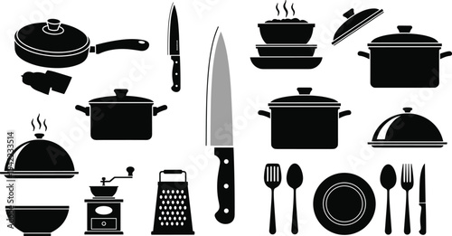 Kitchen utensils and cookware silhouette vector set including pots, pans, knives, grater, plates and cutlery isolated for cooking, restaurant equipment and culinary design