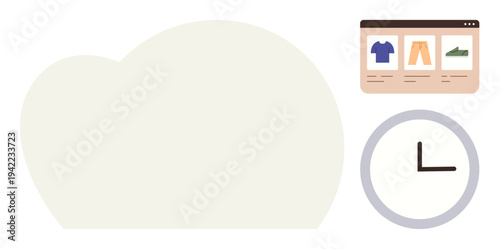 E-commerce, time tracking, online retail, productivity, digital marketing, user experience. Display of online shop items, clock and cloud shape. E-commerce and time tracking conceptual theme