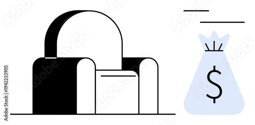 Armchair representing comfort paired with a money bag icon symbolizing wealth and financial stability. Ideal for finance, investment, comfort, luxury, savings, budgeting, and prosperity themes