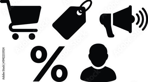 Shopping Cart Icon with Megaphone and Discount.