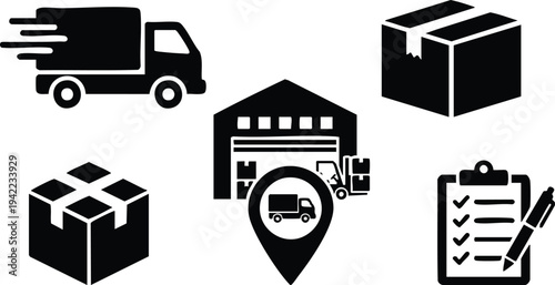 Logistics Icons Featuring Truck and Warehouse.