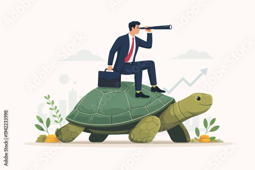 Business Man Riding a Giant Turtle Looking Through a Telescope for Long Term Financial Strategy and Investment Success. Slow and Steady Growth Concept with Coins and Rising Graph Vector Art.