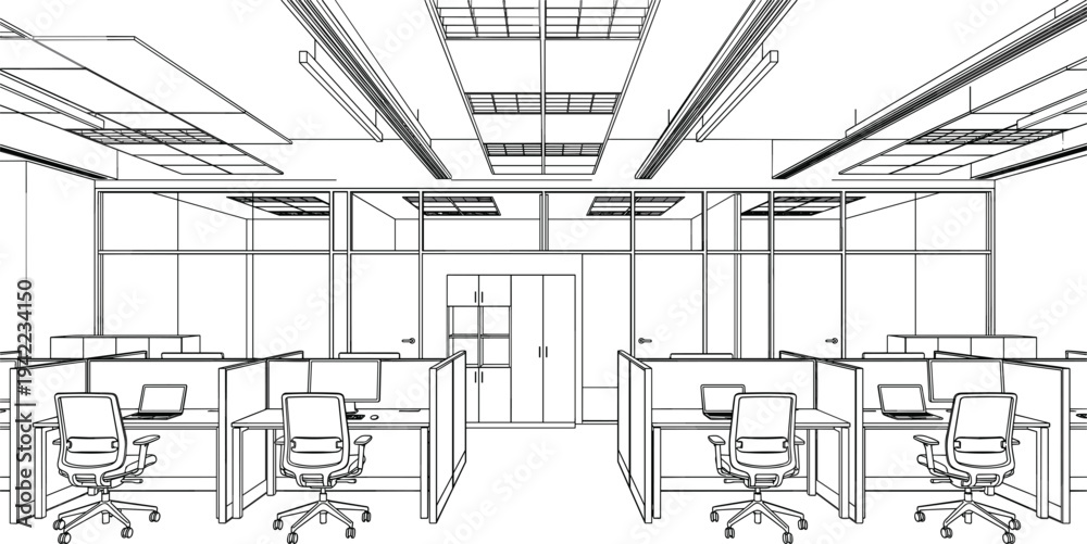 Fototapeta premium Modern open-plan office featuring modular cubicle workstations, ergonomic chairs, and glass-partitioned private offices in a symmetrical perspective.