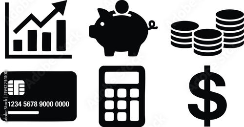 Financial icons collection including piggy bank and calculator.