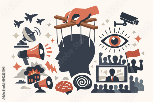 Mind Control and Propaganda Concept Illustration with a Puppet Master Hand Manipulating a Human Head Surrounded by Symbols of Surveillance, Media Influence, and Psychological Warfare Tactics.