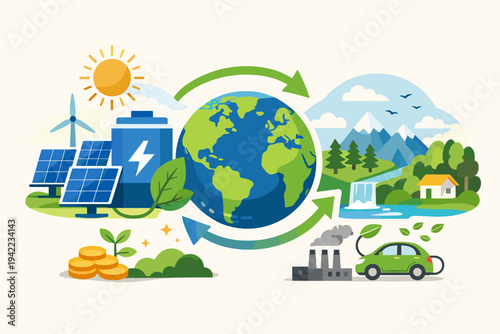 Green Energy and Sustainability Concept with Solar Panels, Wind Turbines, Battery Storage, Electric Car, and Nature Landscape for Environmental Protection and Saving the Planet Earth Vector.
