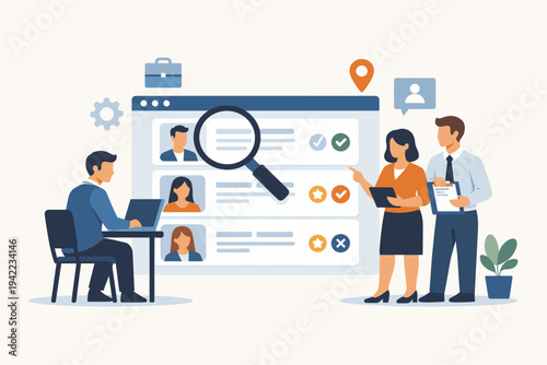 Human Resources Team Reviewing Online Job Applications and Candidate Resumes on a Digital Screen. Professional HR Managers Selecting New Employees for Hiring and Recruitment Process Illustration.