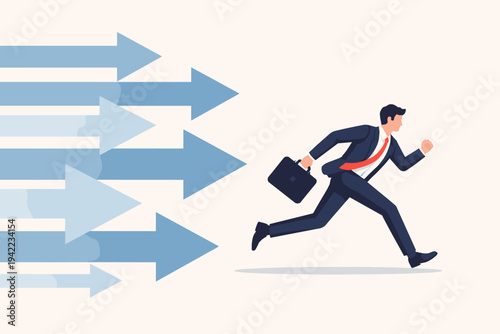 Businessman Running in Opposite Direction of Multiple Arrows, Concept of Non-Conformity, Individuality, Leadership, and Business Strategy, Flat Vector Illustration of Man Going Against the Flow.