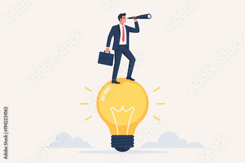 Businessman in a suit standing on a large glowing light bulb looking through a telescope for future opportunities. Concept of business vision, innovation, creative ideas, and strategic planning.