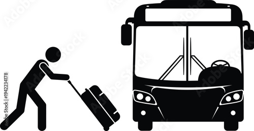 Traveler with suitcase walking toward bus silhouette icon, public transportation travel concept vector illustration isolated on white background for tourism, commute and journey design