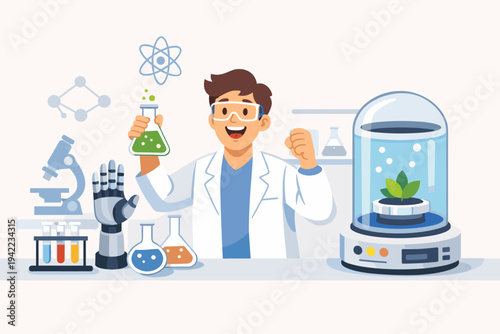 Excited Male Scientist in Laboratory Holding Chemical Flask with Robotic Hand, Microscope, and Plant in Growth Chamber; Concept of Scientific Research, Biotechnology, and Innovation Vector.