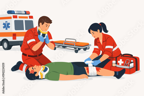 Paramedics Rescue Team Providing Emergency First Aid to Injured Man with Leg Wound and Neck Brace, Professional Medical Assistance at Accident Scene with Ambulance and Stretcher Vector Illustration