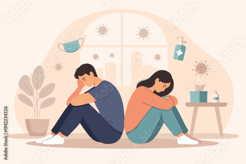Vector Illustration of a Sad Depressed Couple Sitting Back to Back Indoors During COVID-19 Pandemic Lockdown, Man and Woman Feeling Lonely and Isolated at Home with Virus Icons and Sanitizer