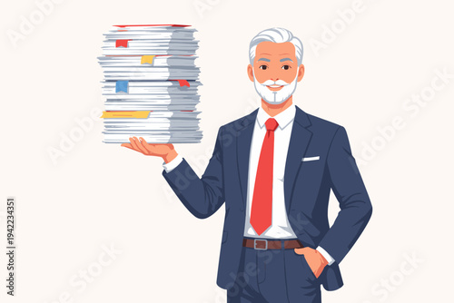 Senior Confident Businessman in Blue Suit Holding a Large Stack of Paperwork Effortlessly with One Hand, Vector Illustration of Professional Male Manager Handling Heavy Workload and Documents with
